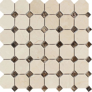 Crema Marfil Polished Marble Octagon Mosaic With Emp. Dark Dots