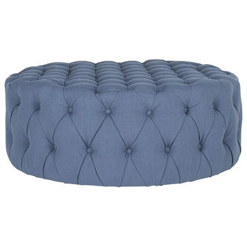 Contemporary Ottoman, Round Design With Elegant Button Tufting, Navy