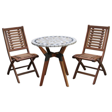 3-Piece Spanish Marble and Eucalyptus Bistro Set With Folding Chairs