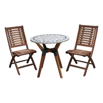 3-Piece Spanish Marble and Eucalyptus Bistro Set With Folding Chairs