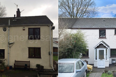 Inspiration for a medium sized and white contemporary two floor render semi-detached house in Cardiff with a tiled roof.