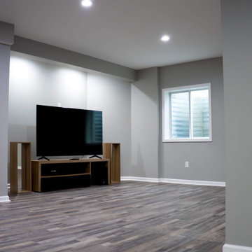 Transitional Basement Family Room With ping pong table
