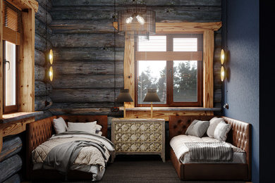 Пример оригинального дизайна: гостевая спальня среднего размера, (комната для гостей) в стиле рустика с синими стенами, паркетным полом среднего тона, деревянным потолком и деревянными стенами
