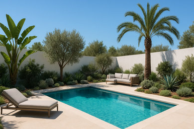 Idée de décoration pour une piscine avant méditerranéenne.