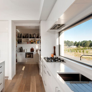 Large contemporary kitchen pantry photos - Inspiration for a large contemporary galley light wood floor kitchen pantry remodel in Canberra - Queanbeyan with an undermount sink, beaded inset cabinets, white cabinets, quartz countertops, glass sheet backsplash, white appliances and an island