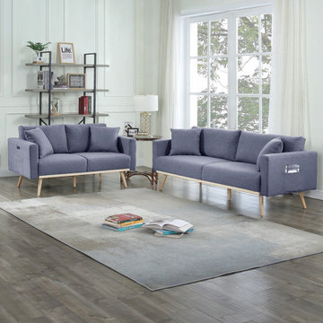 Easton 75" Linen Sofa Loveseat Living Room Set with USB Charging Ports Pockets &