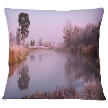 Misty Autumn Sunrise Over River Landscape Printed Throw Pillow, 16"x16"