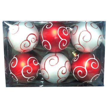 6-Pack Red And White Ball Ornament With Swirl Design