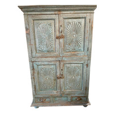 Consigned Antique Rustic Carved Armoire TURQUOISE Indian Cabinet