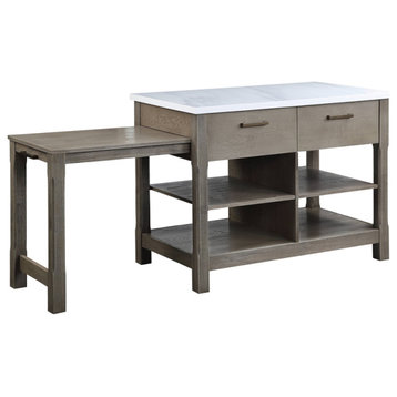 ACME Feivel Kitchen Island with Pull Out Table in Marble Top and Rustic Oak