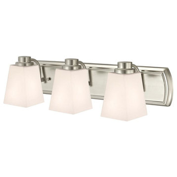 3-Light Bathroom Light in Satin Nickel and Square White Glass