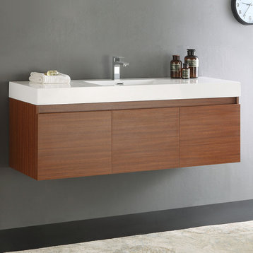 Fresca Mezzo 60" Teak Wall Hung Single Sink Cabinet With Integrated Sink