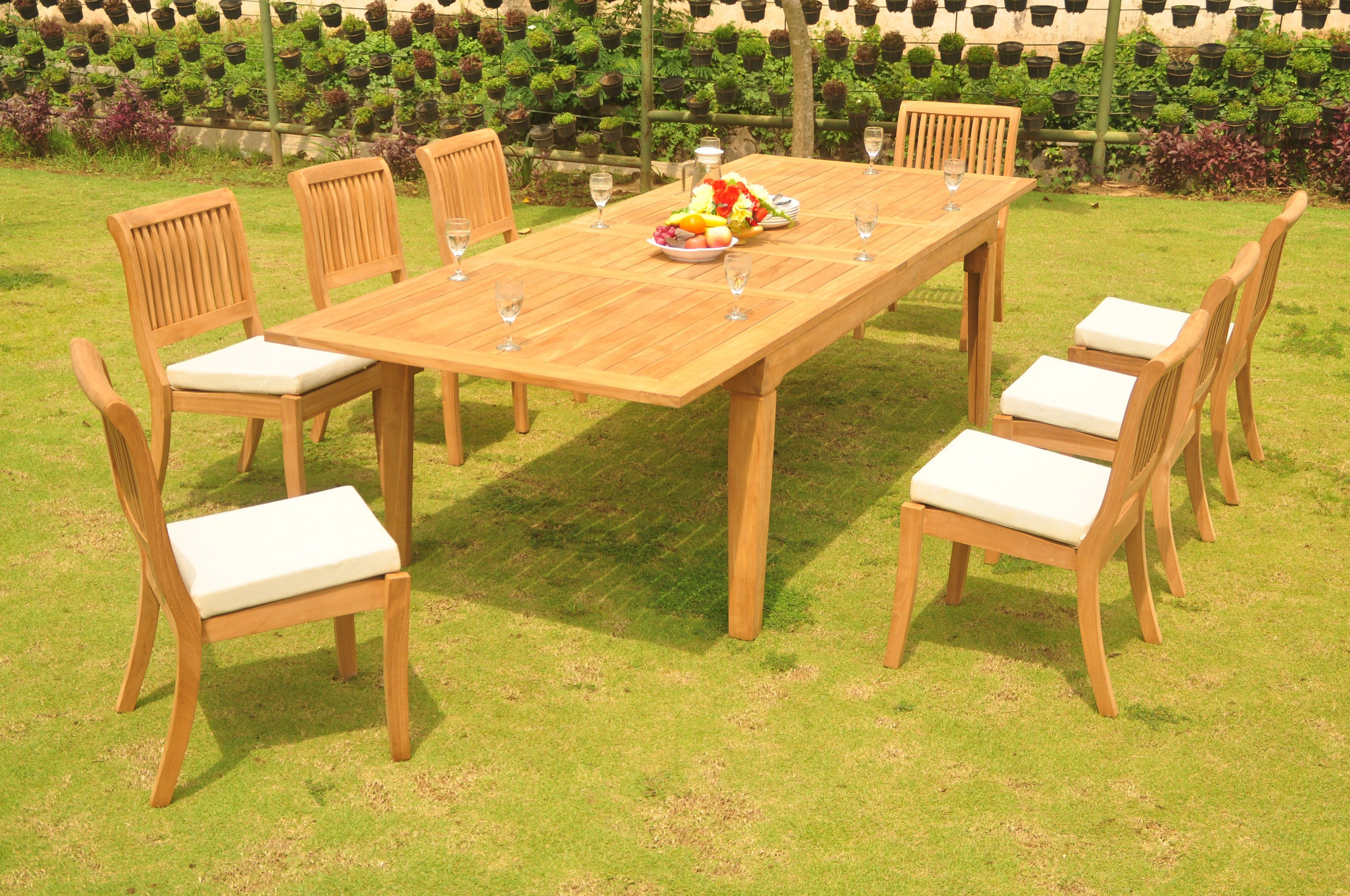 9 Piece Teak Wood Dining Set including Rectangular Extension Table with 8 Abaco Arm Chairs
