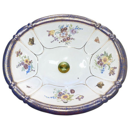 Hand Painted Sink "Floral Chinoiseries" burn gold on Sienna Medium drop-in