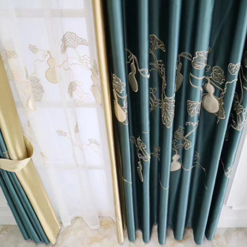 QYHL225S Silver Beach Embroidered Gourd Blue Faux Silk Custom Made Curtains