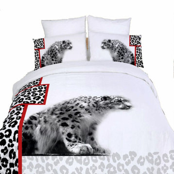 Twin Size Duvet Cover Sheets Set, White Cheetahs
