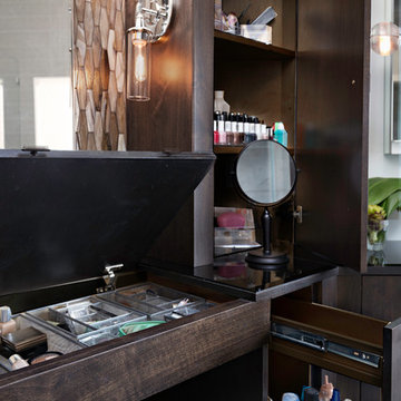 Open Contemporary Bath with Walnut Vanity and Hidden Storage