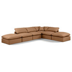 Meridian Furniture - Indulge Upholstered Modular U-Shaped Sectional, Cognac, 6-Piece: 3 Armless Chair, 1 Corner Chair, 2 Ottoman, Fiber Stuffed Vegan Leather - Experience ultimate comfort and style with our cognac vegan leather Indulge Sectional. The luxurious vegan leather will elevate the aesthetic of any room. This sofa provides ample space for you to relax while its modular build offers the option of unlimited configurations. Whether you're looking to add a stylish element to your living room or a comfortable seating option to your bedroom, this sofa is the perfect choice.
