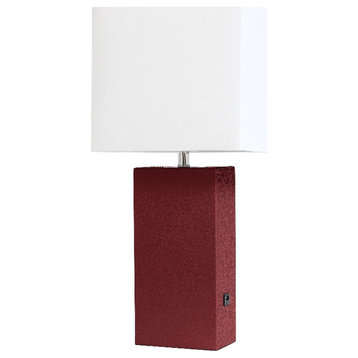 Lalia Home 21in Leather Base Table Lamp with USB Charging Port Red