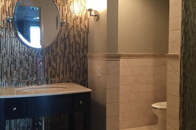 Photo of a mid-sized transitional bathroom in Phoenix with open cabinets, dark wood cabinets, gray tile, matchstick tile, grey walls, porcelain floors, an undermount sink, engineered quartz benchtops and white floor.