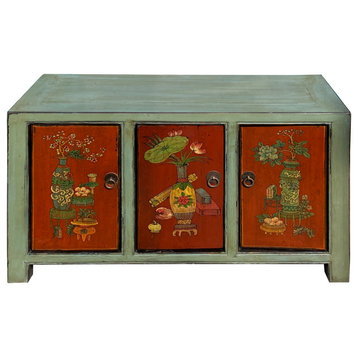 Chinese Vintage Gray Orange Flower Graphic Low TV Console Cabinet Hcs7427
