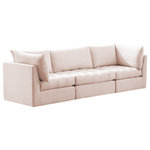 Meridian Furniture - Jacob Velvet Upholstered 3-Piece Modular Sofa, Pink - Create the ideal seating arrangement for your space when you pick and choose the elements you like mostincluding this Jacob velvet modular sofa. Mix and match items in the Jacob collection to bring your living space or family room together with a personalized slant. Soft pink velvet upholstery is soft and welcoming to the touch, adding a luxurious feel to everyday seating. Deep channel tufting adds to the piece's durability, and latches underneath the unit make it easy to attach to other pieces in the collection.