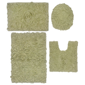 Bell Flower Collection Bath Rug, 4Pcs Set wth Toilet Lid Cover-Green