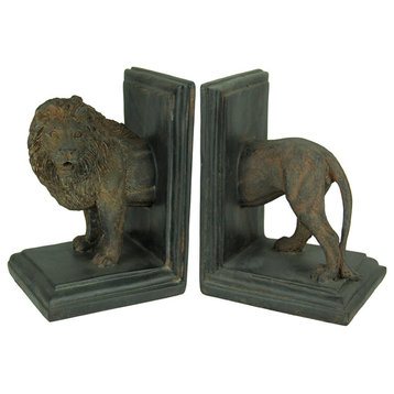 Antique Stone Finish Lion Top and Tail Bookend Set