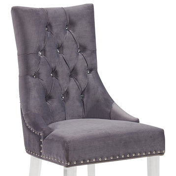 Rees Modern and Contemporary Tufted Dining Chair, Gray Velvet With Acrylic Legs