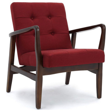 Mid Century Modern Accent Chair, Wood Frame and Button Tufted Back, Deep Red