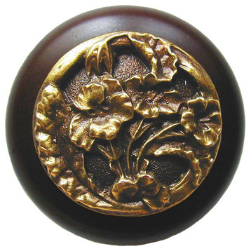 Hibiscus Wood Knob, Antique Brass, Dark Walnut Wood Finish, Antique Brass