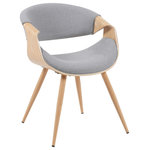 Armen Living - Butterfly Mid-Century Dining Chair, Grey and Patterned Oak - The Butterfly Mid-Century Upholstered Dining Chair brings sculptural elegance and ergonomic comfort into your home with a design inspired by the gentle movement of butterfly wings. This unique side chair features a curved open-back silhouette with continuous armrest extensions'creating a seamless, artful frame that invites both conversation and relaxation. Whether you're outfitting a dining area, breakfast nook, or home office, the Butterfly chair offers a stylish seating solution with compact proportions and bold personality. We designed this collection with soft curves, supportive form, and high-quality craftsmanship. The medium-high backrest is ergonomically shaped for posture alignment, and the cushioned seat provides lasting comfort for everyday use. The Butterfly chair is upholstered in a textured, performance fabric that's both comfortable and durable'easy to maintain while elevating your space with subtle texture and color. This expanded collection now includes even more refined choices. Alongside the original Blue, Charcoal, and Green upholstery options, we've added fresh new variants in Light Blue and Grey to suit a wide range of interiors'from modern minimal to eclectic charm. All options are paired with solid metal legs finished in warm wood tones, enhancing the organic tones of the seat while offering sturdy support. Whether you're styling a compact apartment dining area or adding accent seating to a large gathering space, the Butterfly chair adapts effortlessly. It's the perfect blend of mid-century influence and contemporary comfort, finished with easy assembly and backed by our 1-year limited warranty.