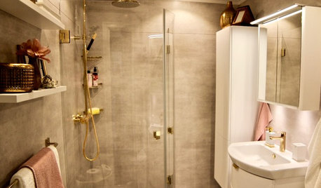 Veckans badrum: Puderrosa, guld och varmgrå väggar i Bollnäs