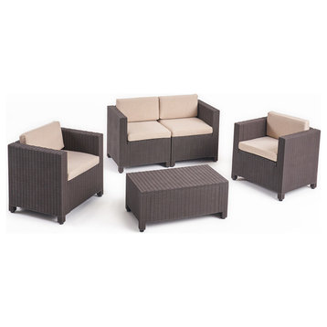 Riley Outdoor All Weather Faux Wicker 4 Seater Chat Set With Cushions, Dark Brow