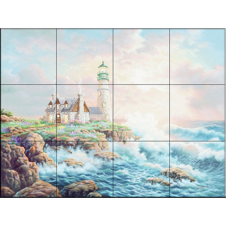 Tile Mural, Lighthouse And Surf by Judy Gibson