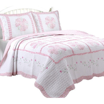 Vintage Pink Calico Floral 100% Cotton Quilt Set, King Set