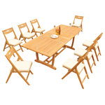 Teak Deals - 9-Piece Outdoor Teak Dining Set: 94" Masc Rectangle Table, 8 Surf Folding Chair - Set includes: 94" Double Extension Rectangle Dining Table and 8 Folding Arm Chairs.