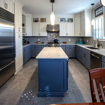 Two Tone Medallion White and Blue Kitchen with Gray Backsplash