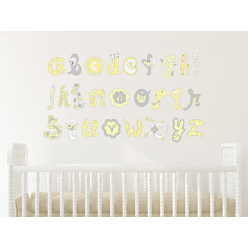 Alphabet Fabric Wall Decals , Script Alphabet in Yellow and Grey