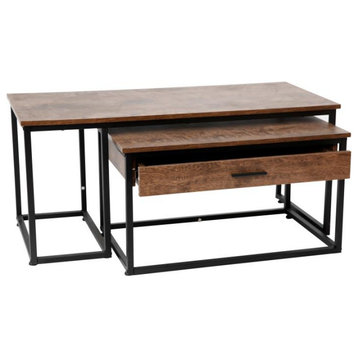 Emerson 2 Pc Modern Nesting Coffee Table Set-Walnut Finish With Black Sled Base