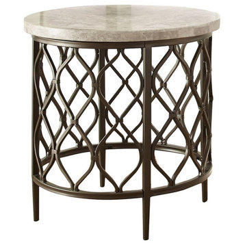 Bowery Hill Round Transitional Metal End Table with Stone Top in Bronze/Beige