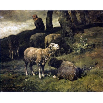 Charles Emile Jacque Grazing Sheep With a Sheperdhess Beyond Wall Decal