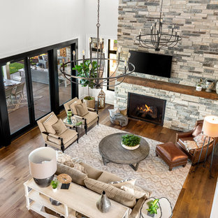 75 Beautiful Farmhouse Living Room With A Stone Fireplace Pictures
