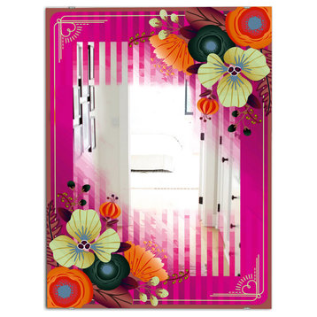 Designart Fuschia Border And Flowers Midcentury Wall Mirror, 24x32