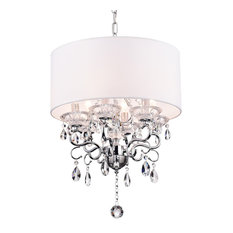 6-Light White Fabric Round Drum Chrome Finish Crystal Chandelier