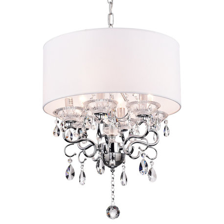 6-Light White Fabric Round Drum Chrome Finish Crystal Chandelier