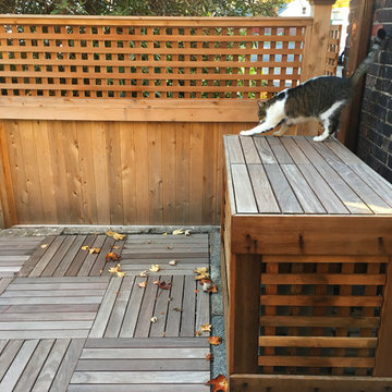 Cedar fence, ipe decking, custom cedar air conditioner enclosure