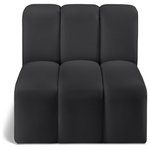 Meridian Furniture - Arc Upholstered Modular Component, Black, 1-Piece: Straight Chair, Vegan Leather - Unleash modern opulence with the Arc Vegan Leather Straight Chair. Crafted for the modern connoisseur, this chair injects an air of refined luxury into any space. Its sleek silhouette, upholstered in supple black vegan leather, exudes timeless sophistication while the deep channel tufting adds textural intrigue, further elevating the chair's visual appeal. The modular design makes it a versatile chameleon, effortlessly adapting to your evolving needs and preferences. Whether you envision it gracing a chic living room corner, basking in the glow of a bedroom window, or adding a touch of drama to a home office, the Arc seamlessly complements your unique interior aesthetic.