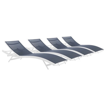 Pemberly Row  Mesh Aluminum Patio Chaise Lounge in White and Navy (Set of 4)