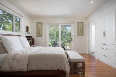 Imagen de dormitorio principal de tamaño medio con paredes blancas, suelo de madera en tonos medios y suelo marrón